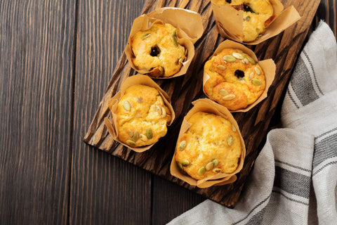 Savoury muffins on a wooden board