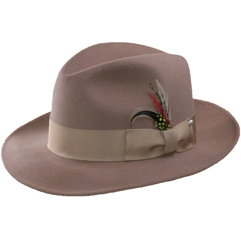 Wide Brimmed Fedora Hat with Removable Country Feather Brooch - Farmington  - Camel, 57cm - Medium