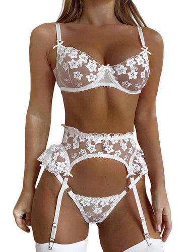 Embroidered Lace 3 Piece Lingerie Set