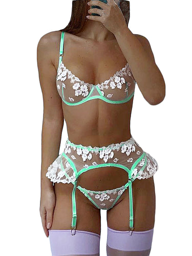 FCKJ Underwear clothing 1/4 Cup Bra Panties Set Embroidery Lingerie Thin Bra  and Panty with Garters Sets Women Intimates underwear (Color : 261, Size :  S) : : Fashion