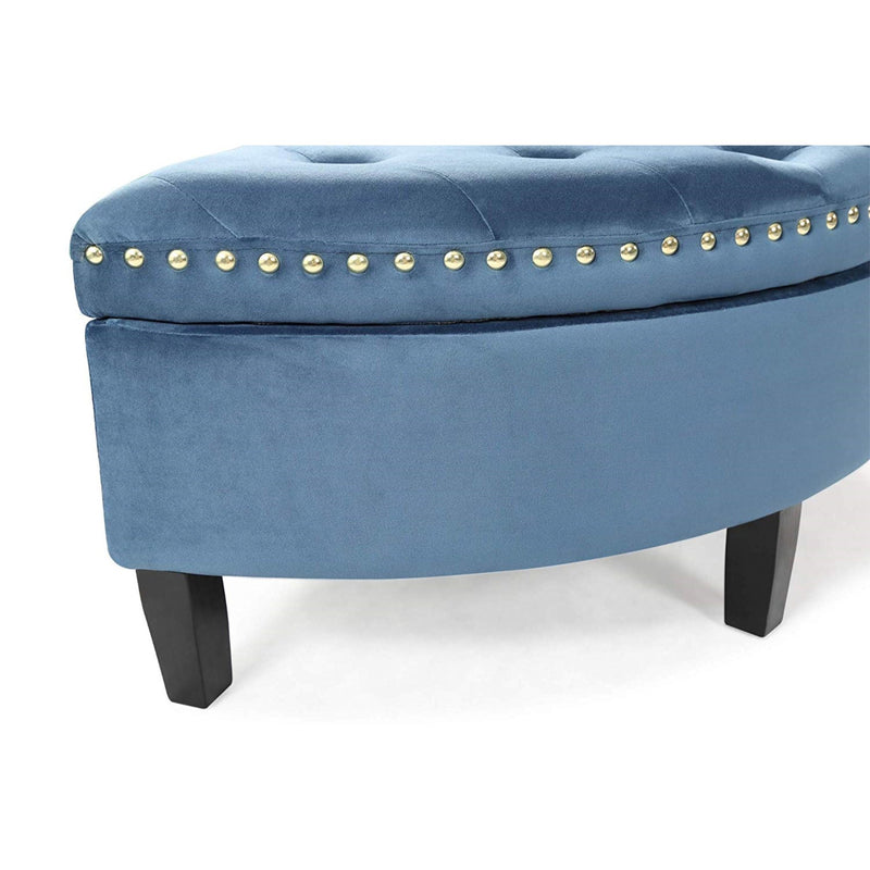 Iconic Home FON9172-AN Jacqueline Half Moon Storage Ottoman Button Tufted Velvet Upholstered Gold Nailhead Trim Espresso Finished Wood Legs Bench Modern Transitional Teal