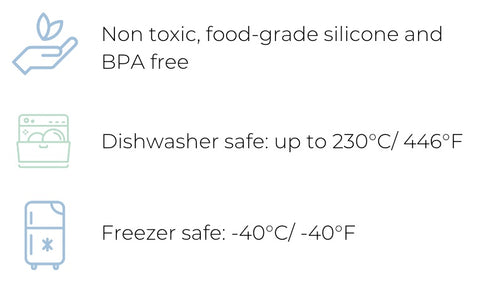 Non toxic, food-grade silicone and BPA free. Dishwasher safe: up to 230Â°C/ 446Â°F. Freezer safe: -40Â°C/ -40Â°F