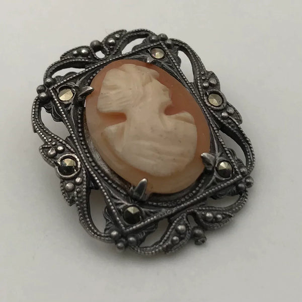 sterling silver cameo marcasite brooch pin