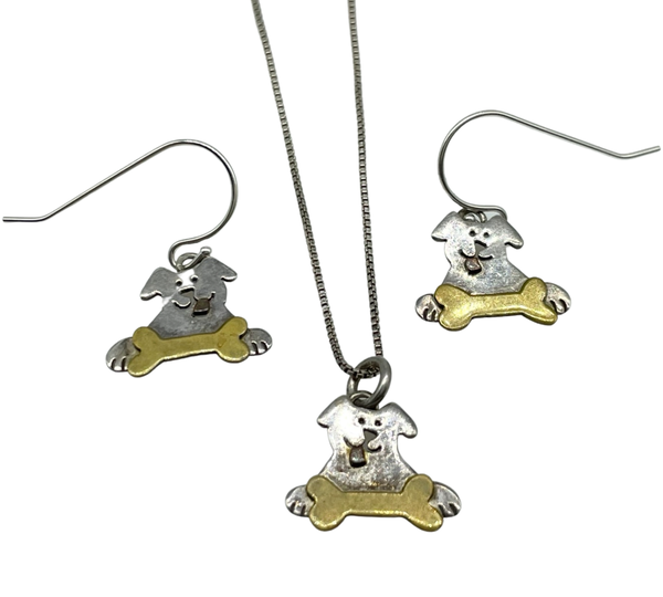 sterling silver and brass dog with bone necklace and earring set