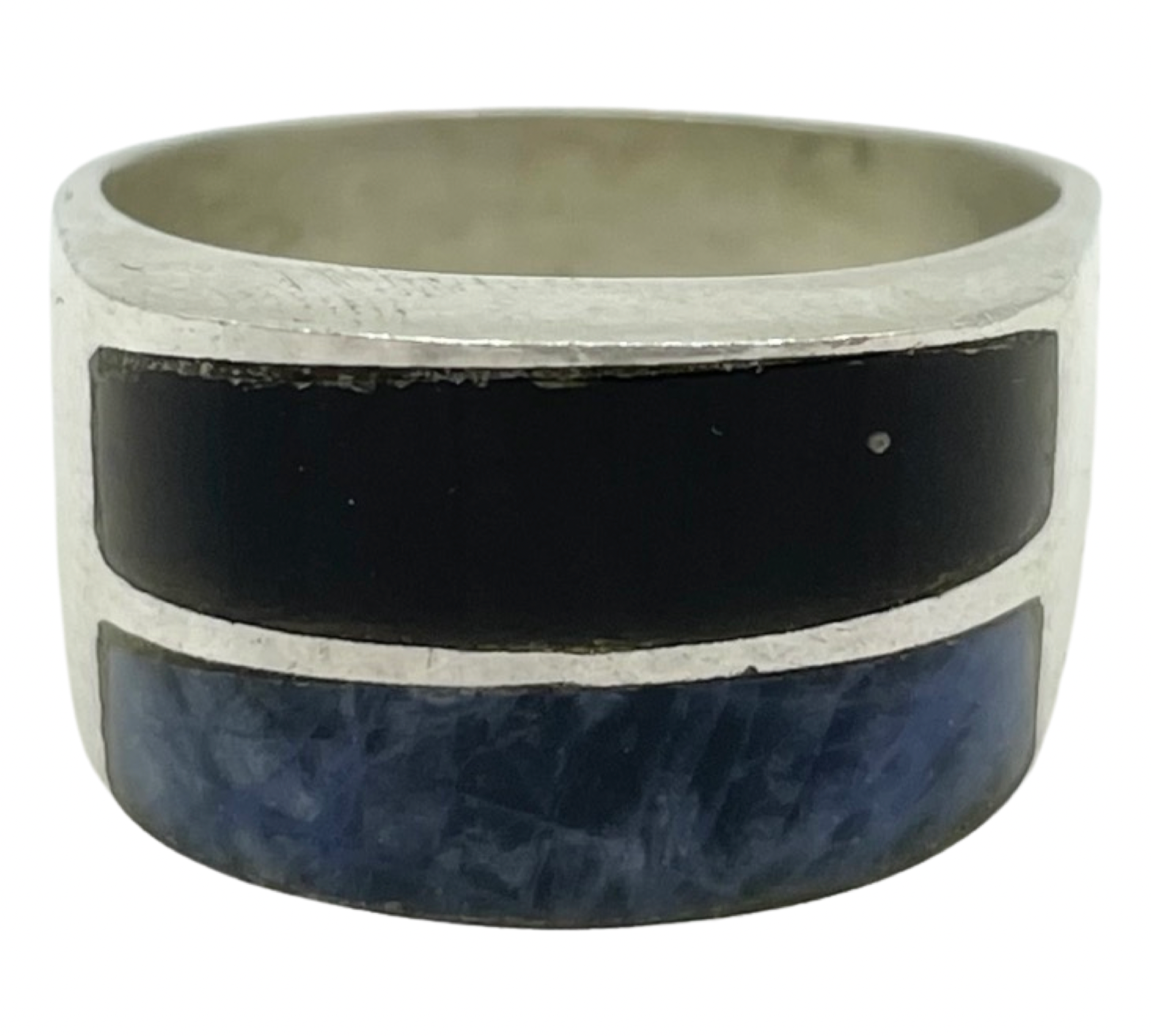 size 9.25 sterling silver chunky sodalite and gold flake obsidian(?) ring