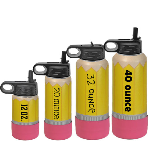 Choose from 4 sizes of personalized pencil water bottles, 12oz, 20oz, 32oz and 40 oz custom name bottles.