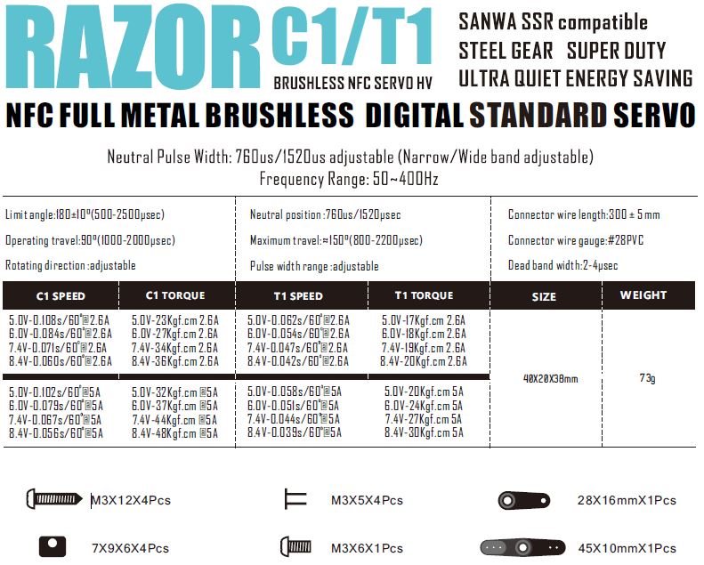 Razor C1 / 1 Cyclic & Tail Servo Specs Data Sheet