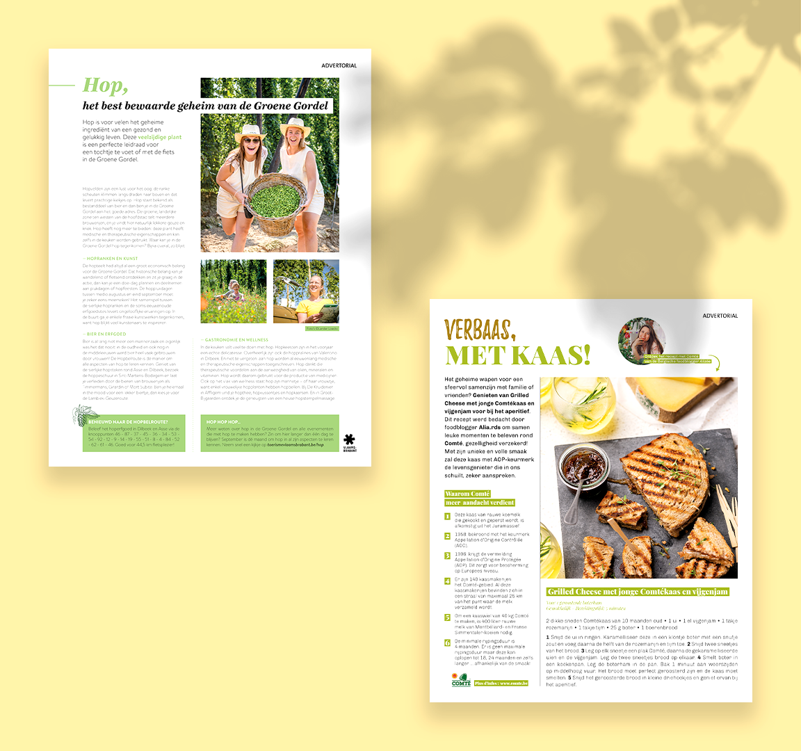 Roularta Media Group advertorials in mockup voor Comté kaas en Hop Vlaams Brabant