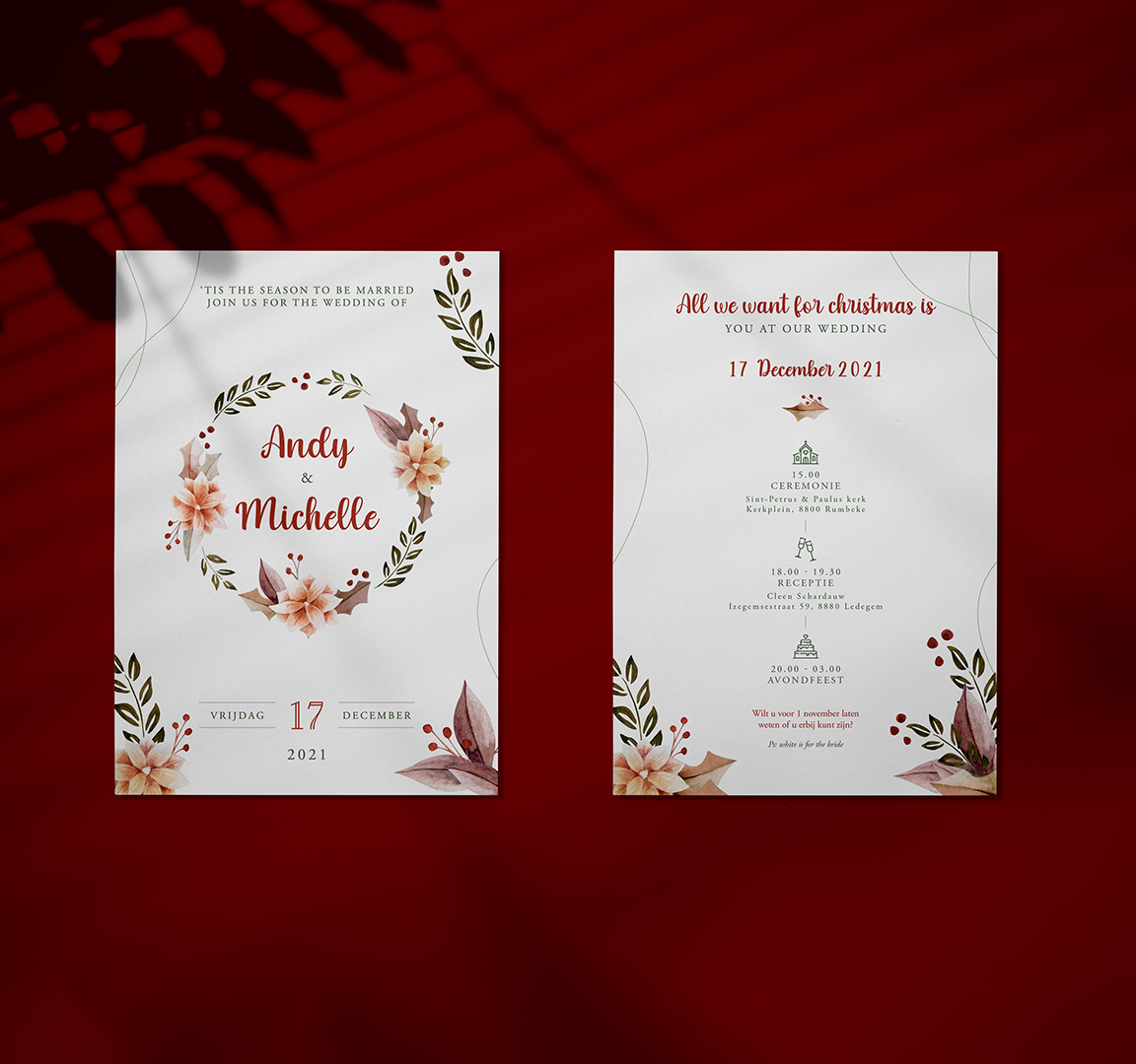 Trouwkaart Michelle & Andy kerst en trouw thema in mockup met schaduwspel recto en verso zijde