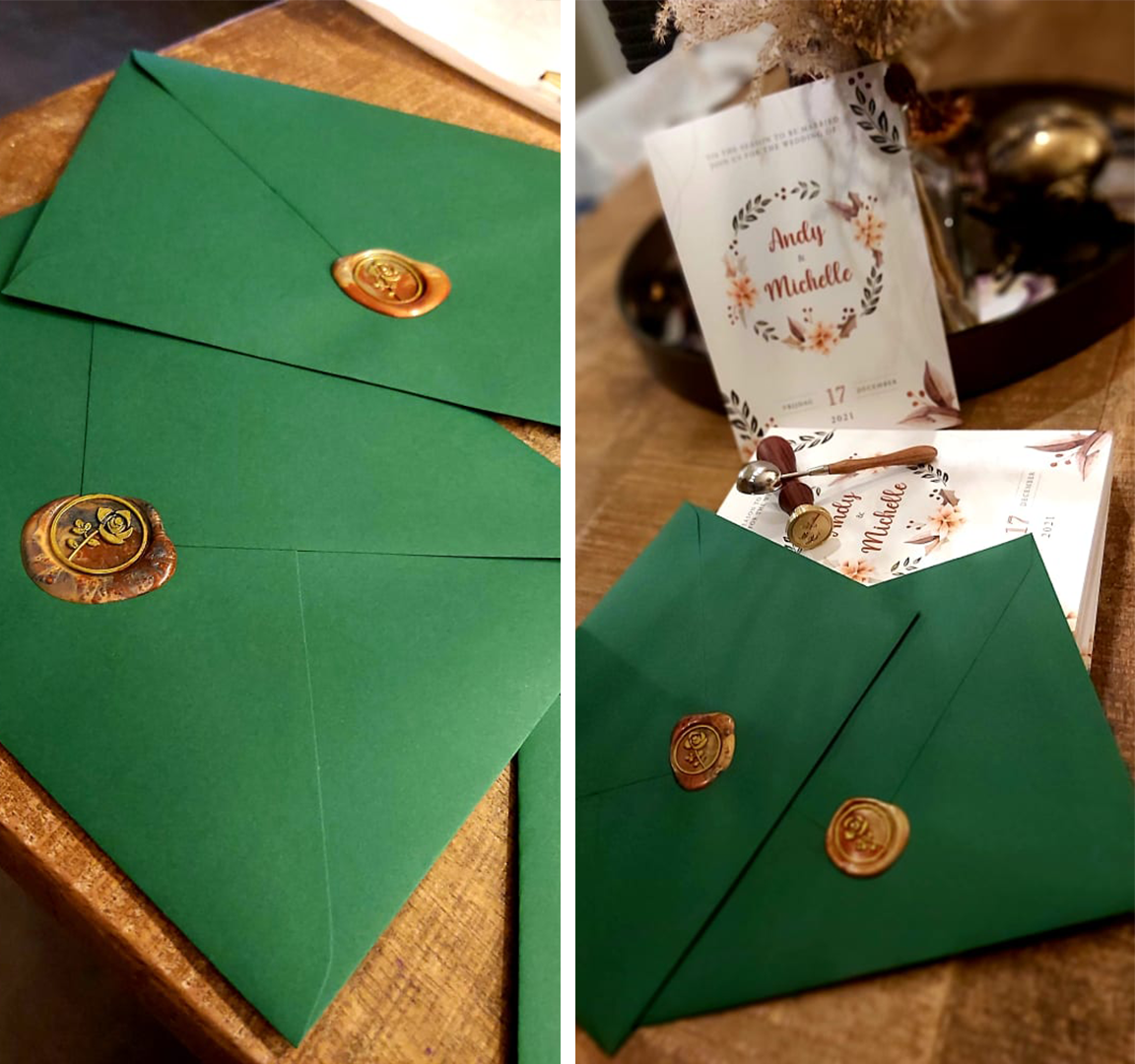 Trouwkaart Michelle & Andy kerst en trouw thema foto enveloppen met wax zegel van roos en samen met uitnodigingen