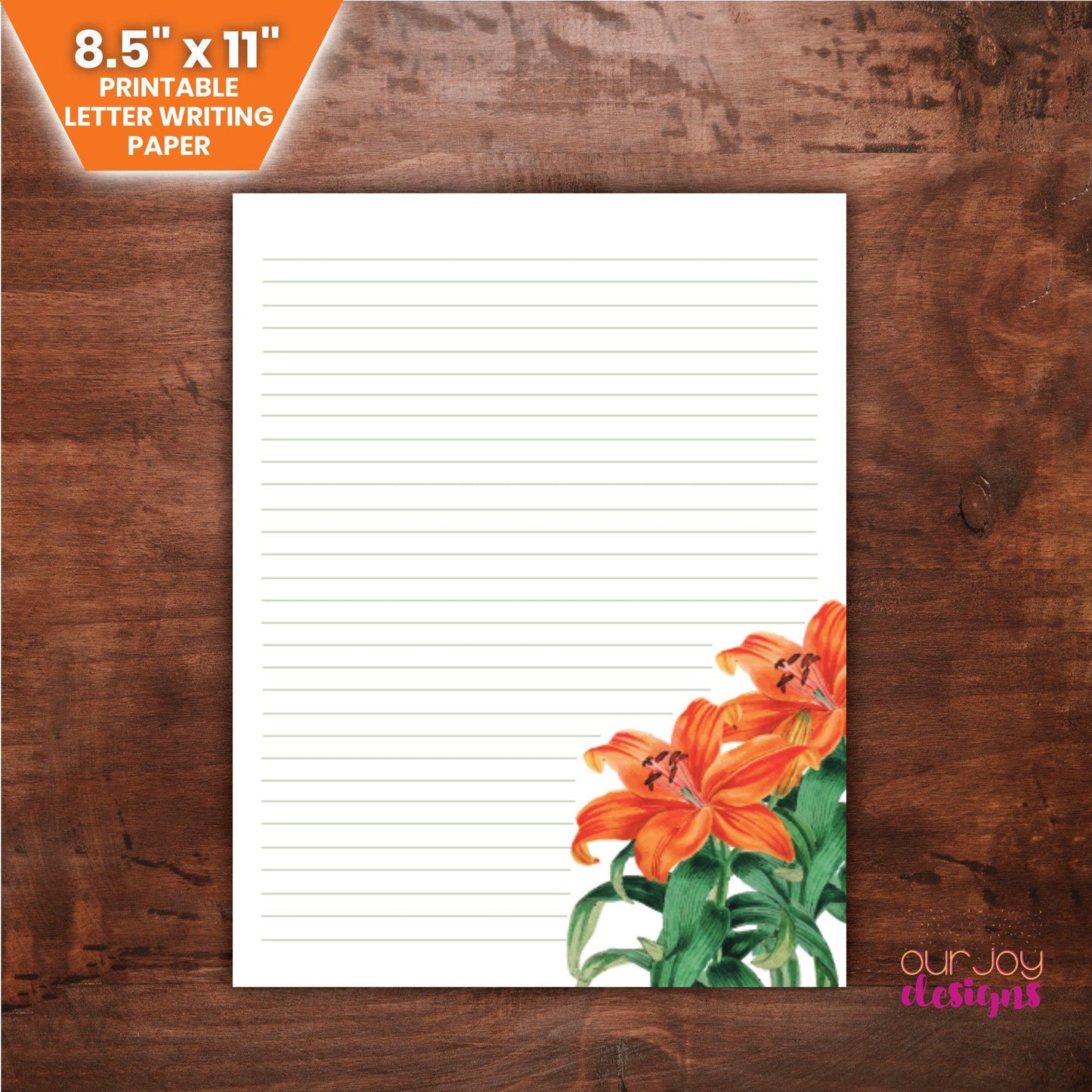 Lilies Letter Writing Paper | 8.5" x 11" Lined Paper for JW Letter Writing | Tiger Lily, Orange Lily Paper-Letter Writing-Our Joy Designs