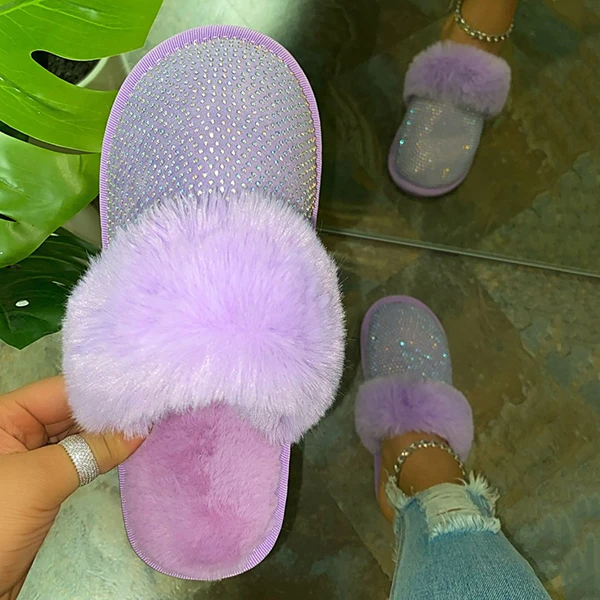 diamond faux fur slippers