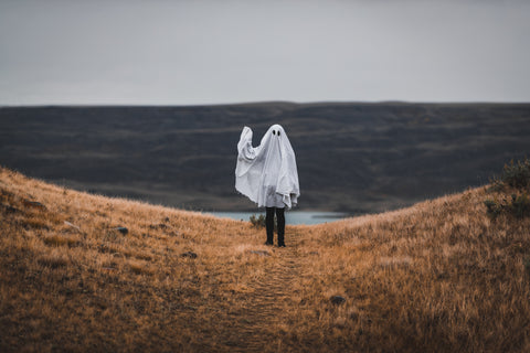 Image of a person waving with a white sheet draped over them to impersonate a ghost. It's cute and funny and that's what we're about here at Paige Turner Romance, affordable ghostwriting services and digital publishing agency.