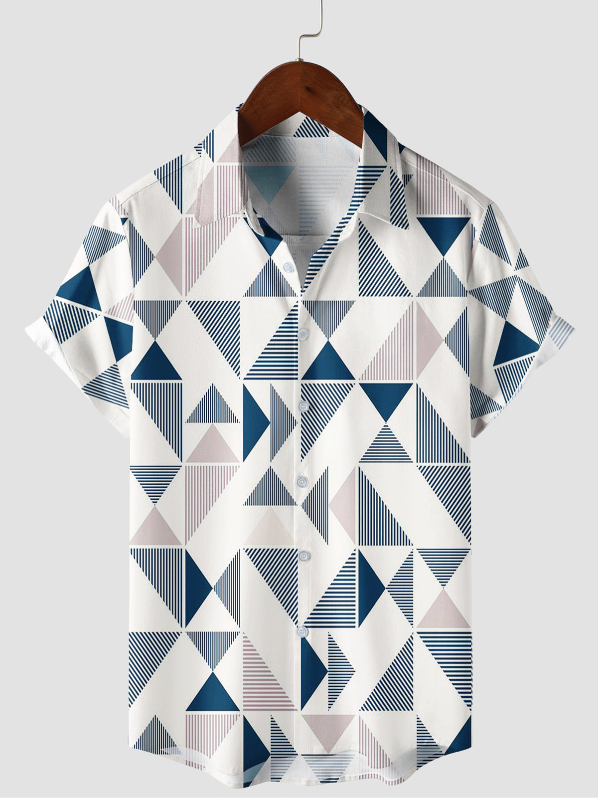 Men's Casual Art Blue and White Triangle Geometric Print Short Sleeve Summer Beach Button Up Shirt