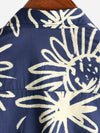 Men's Floral Art Graphic Print Cotton Summer Casual Button Up Navy Blue Short Sleeve Shirt