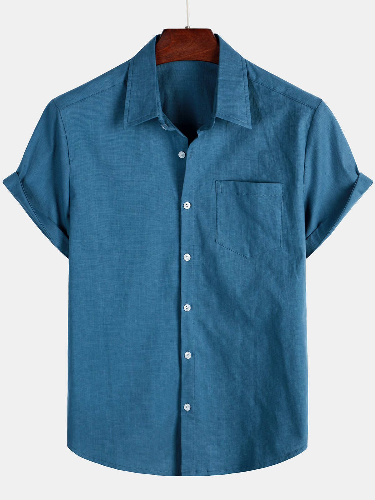 Men's Solid Color Linen Cotton Pocket Casual Button Short Sleeve Shirt