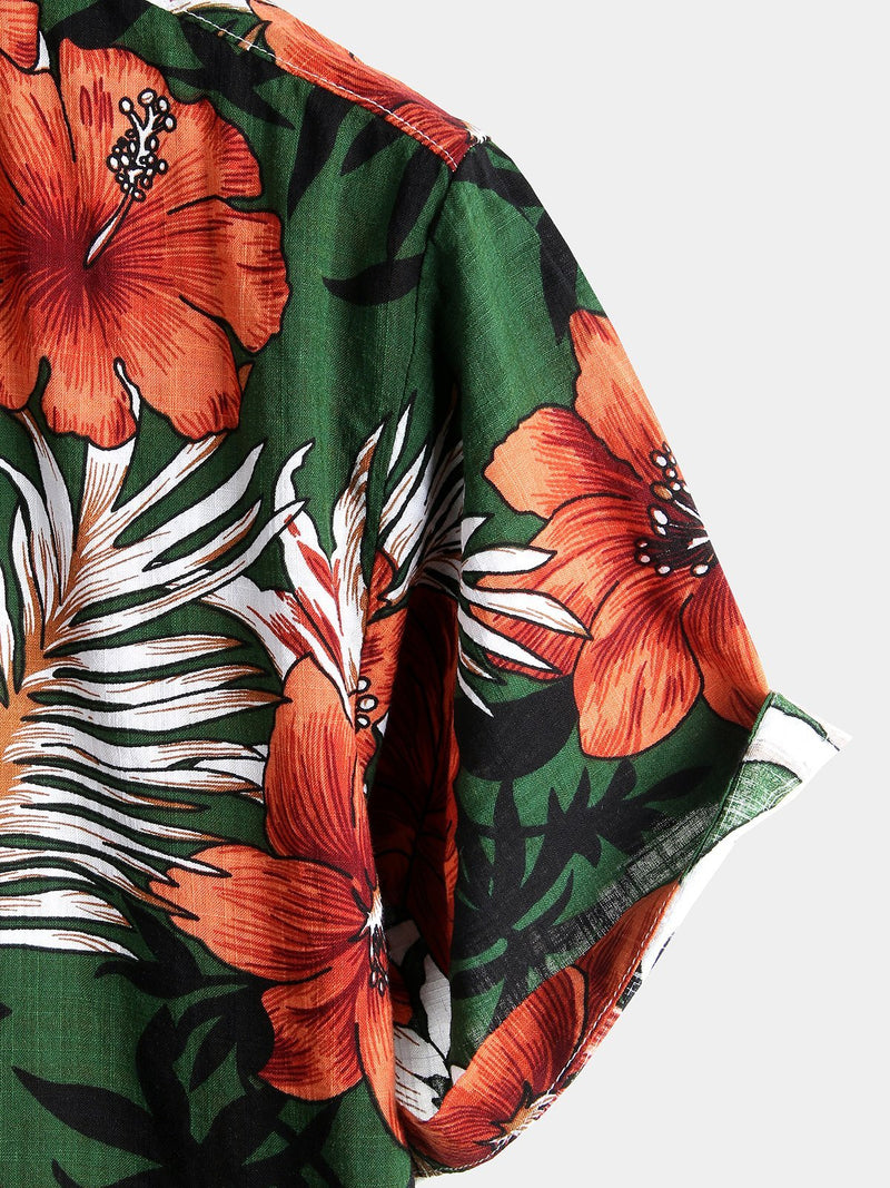 Men's Hawaiian Tropical Plant Floral Print Cotton Short Sleeve Shirts