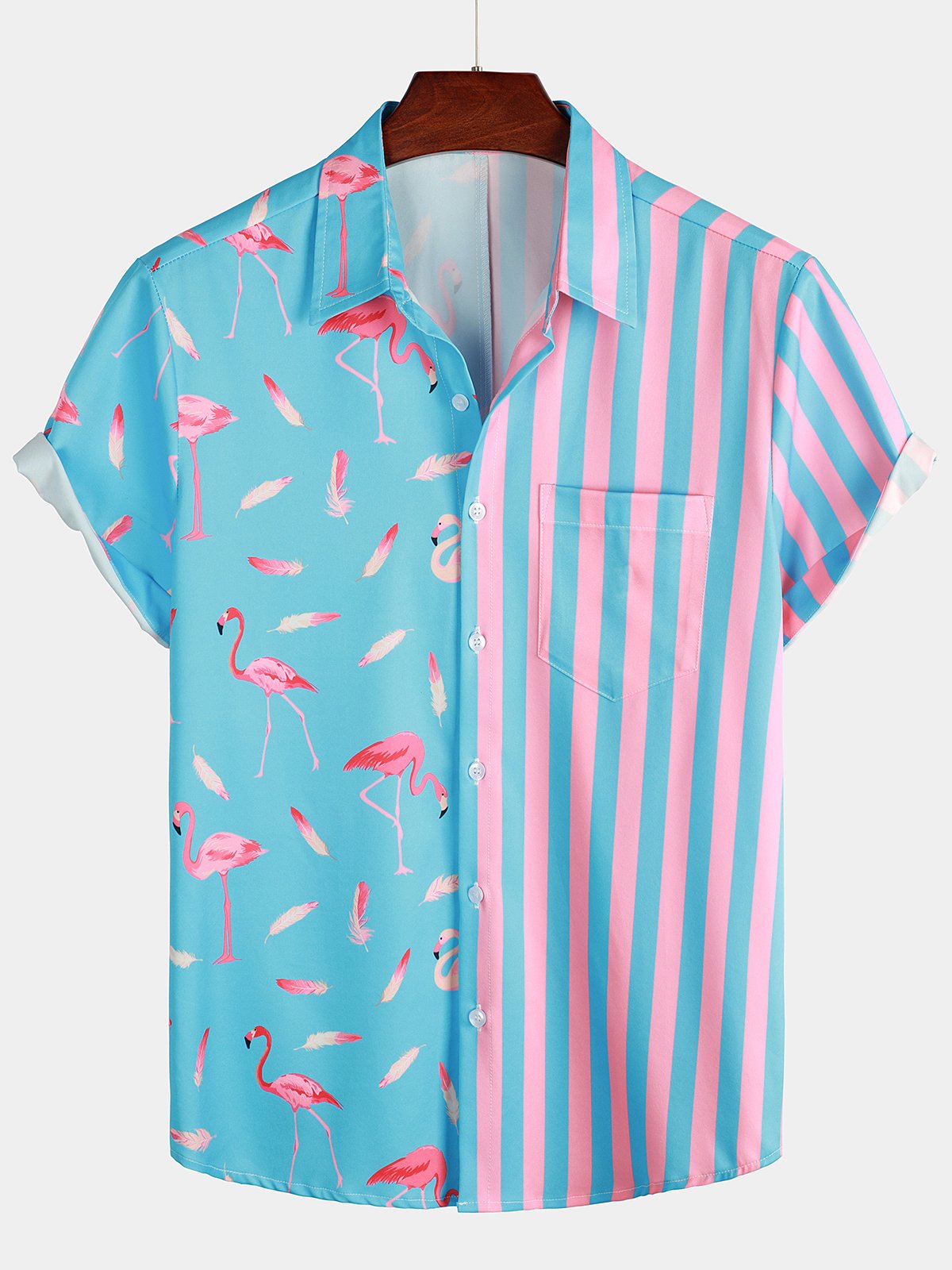Men's Flamingo & Striped Patchwork Pocket Short Sleeve Shirt – Atlanl
