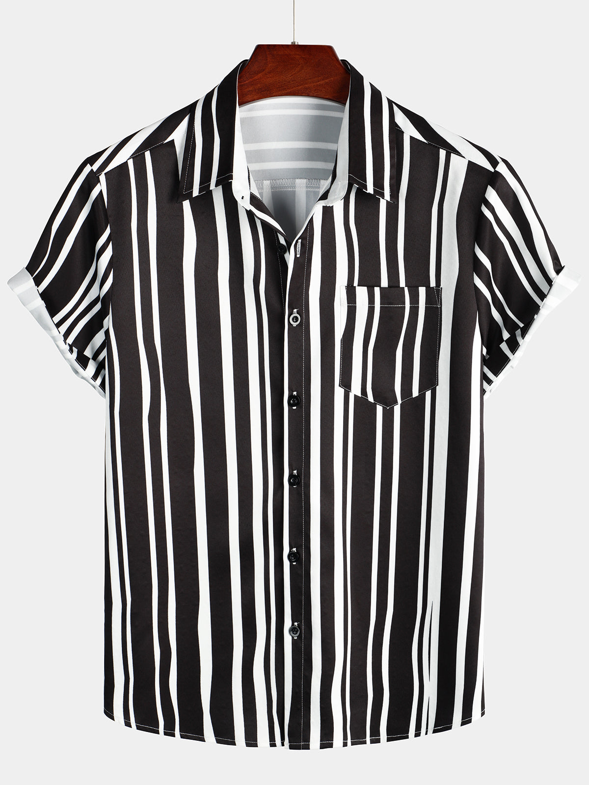 Men's Summer Black And White Vertical Striped Pocket Short Sleeve Shir ...