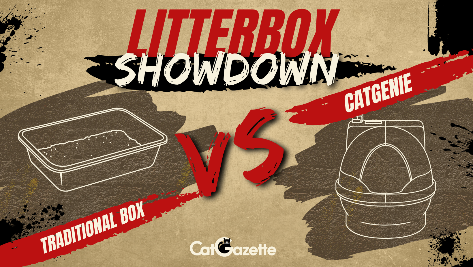 Poster image featuring a versus drawing of a traditional cat litter box and a drawing of the CatGenie.