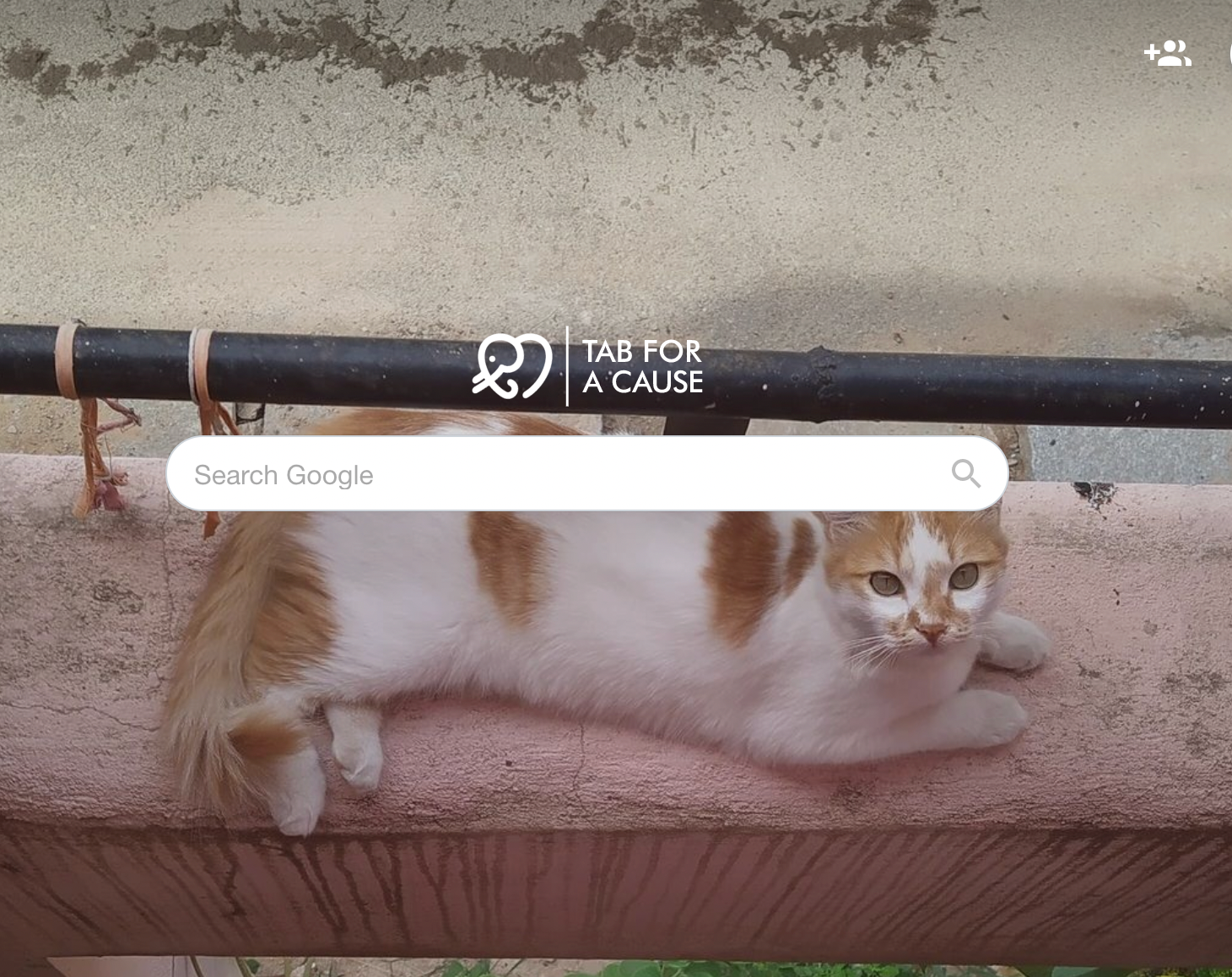 Screenshot of the Tab For A Cause Browser Page, featuring a white and tan cat laying on a ledge, looking up.