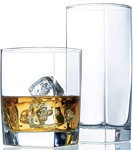 Leraze Set of 16 Heavy Base Ribbed Durable Drinking Glasses Includes 8  Cooler Glasses (17oz) and