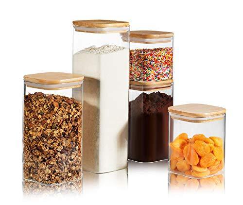 Glass Kitchen Canisters with Bamboo Lids, Set of 5 Glass Food Storage Jars with Airtight Wood Lids for Pantry,Suit for Flour and Suger, Nuts, Oatmeal