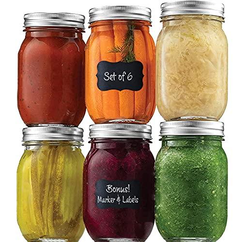 Ieavier 6 PAcK Wide Mouth Mason Jars 16oz with Airtight Lids and Bands,  canning Jars with crystal glass for Food Storage, Spice Jars, ca