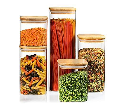 Erreloda Glass Food Storage Jars Containers, Glass Storage Jar with  Airtight Bamboo Lids Set of 5 Kitchen Glass Canisters For Coffee, Flour,  Sugar