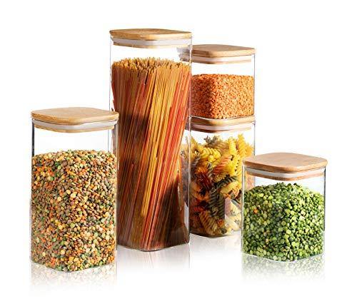 Flrolove Glass Food Storage Containers Set,Airtight Food Jars with Bamboo  Wooden Lids - Set of 5 Kitchen Canisters For Sugar,Candy, Cookie, Rice and