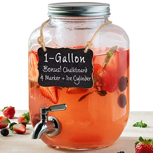 Gallon Double Glass Mason Jar Dispenser on Metal Stand with Spigot and  Embossed Chalkboard and Chalk
