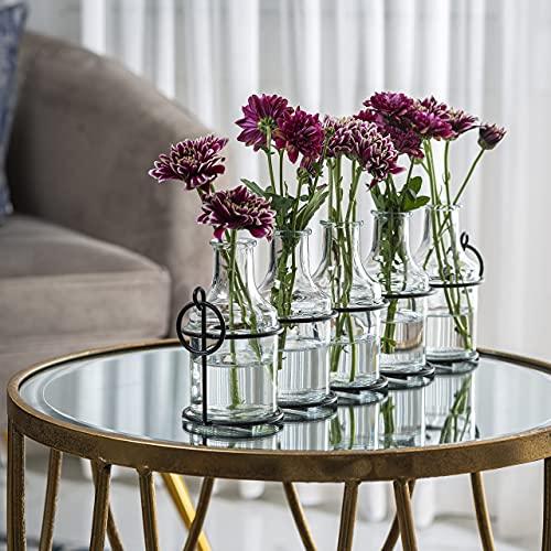 Beautiful Glass Flower Vase with Wooden Plant Stand & 6 Bud Vases