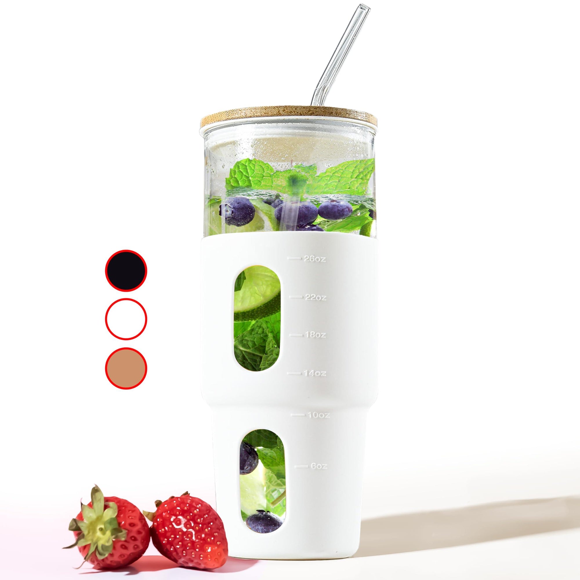 Strawberry Can Glass Cup w/Bamboo Lid & Straw