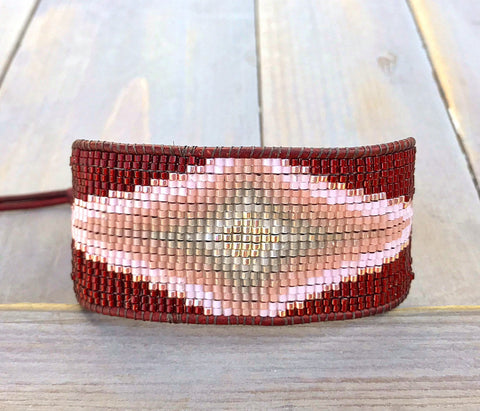 Gold and Pink Starburst Southwester Bead Loom Leather Bracelet