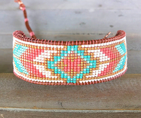 Gold and Pink Starburst Southwester Bead Loom Leather Bracelet