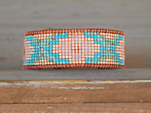 Blush and Teal Southwestern Bead Loom Woven Wide Beaded Cuff