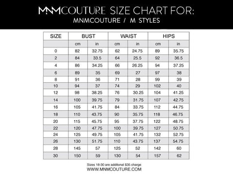 MNM COUTURE SIZE CHART
