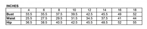 PASSION DRESS SIZE CHART