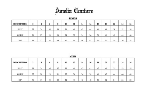 Amelia couture sizing chart