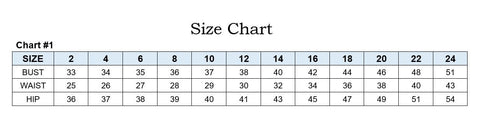 Size chart for La divine Dresses. Includes measurements in inches from size 2-24. Measurements for bust, waist and hips