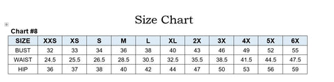 Size chart for La divine dresses. Includes 3 measurements in inches for hips, waist and bust, from XXS to 5XL