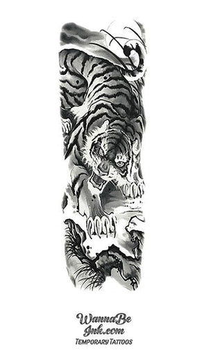 Black And White Asian Tiger Temporary Sleeve Tattoos| WannaBeInk.com
