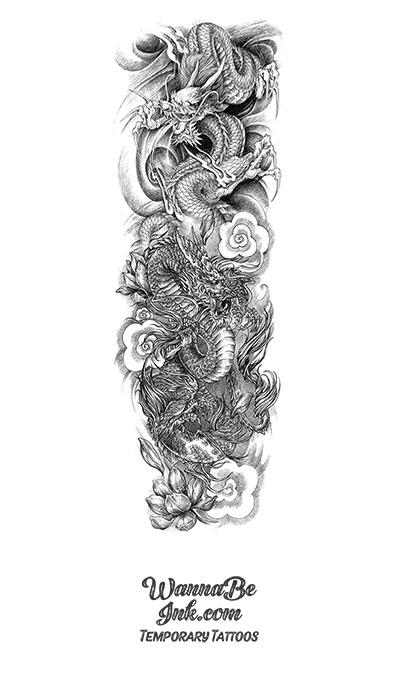 Black And White Double Dragons In Clouds With Lotus Temporary Sleeve Tattoos Wannabeink Com