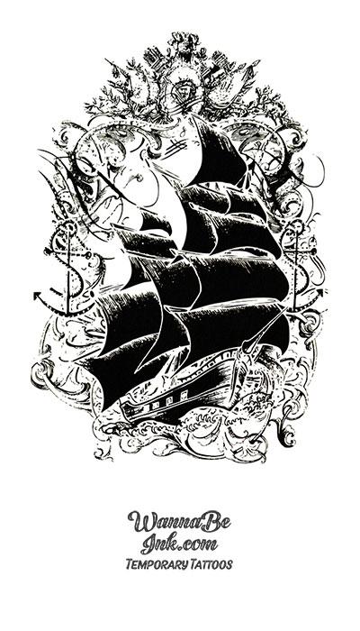 A tattoo design sketch of a realistic pirate ship on  Stable Diffusion   OpenArt