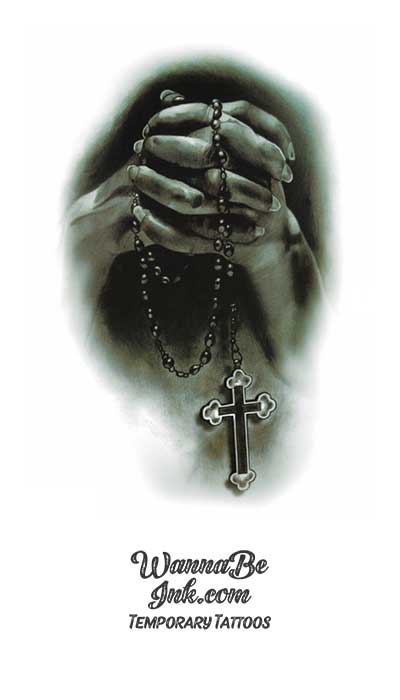 praying hands with rosary tattoo on chest