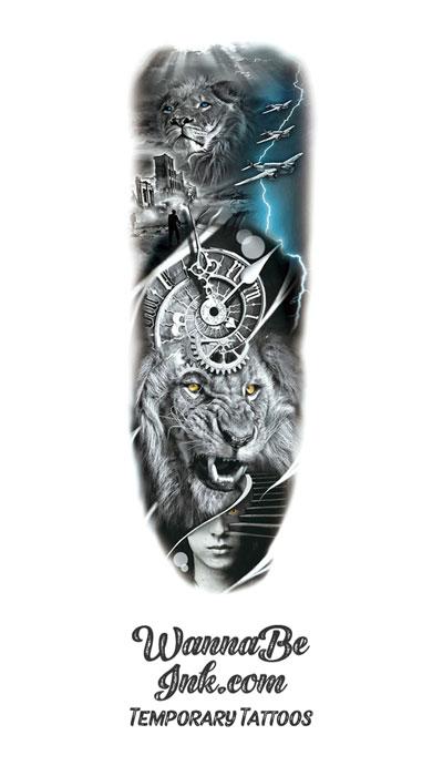 Full Sleeve Arm/Leg Tattoo Clockwork Lion and Wolves – Tattoo for a week