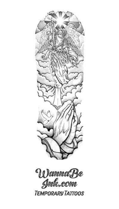 Praying Hands Dove Guardian Angel And Sunburst Temporary Sleeve Tattoos Wannabeink Com