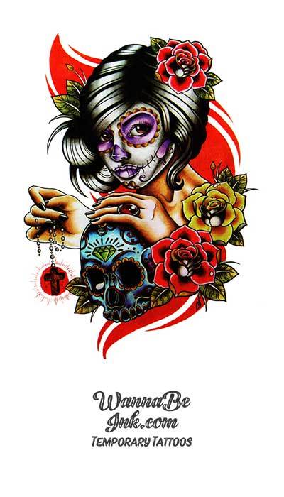 Sugar Skull Woman with Roses Black and White  Tattoo Sugar Skull  Sticker   TeePublic
