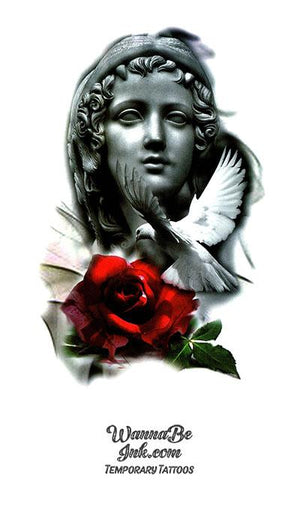 Virgin Mary White Dove and Red Rose Best Temporary Tattoos| WannaBeInk.com