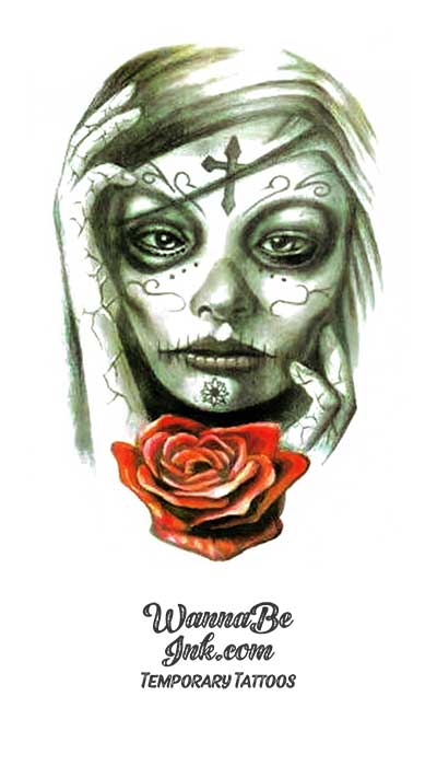 Branded Halloween Temporary Tattoos Glitter Red Roses Day of The Dead Sugar Skull  Face Tattoo Sticker